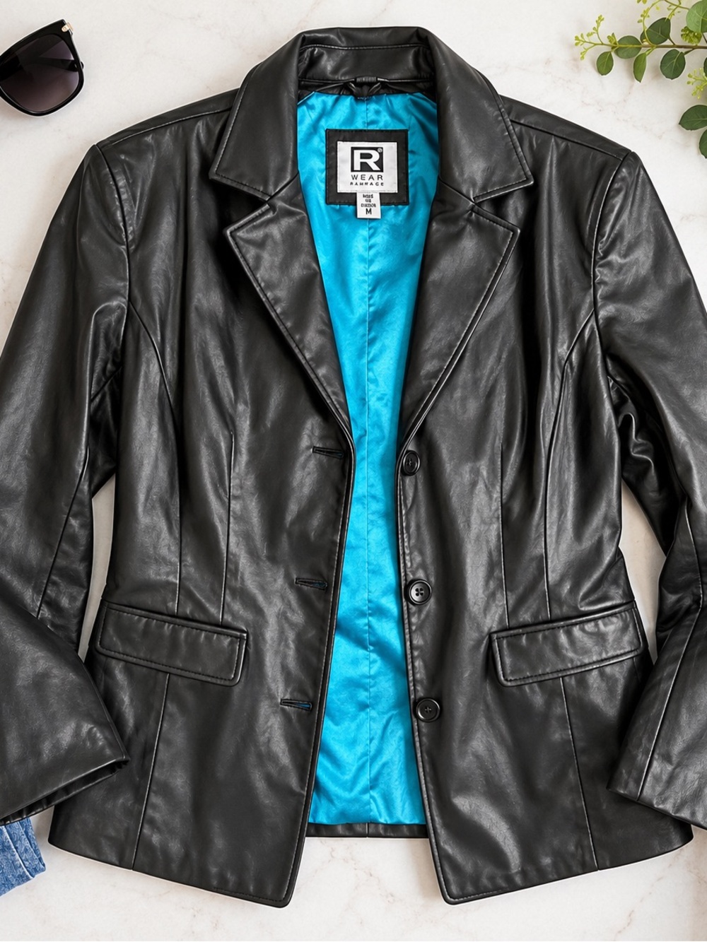 R Wear Rampage Black Faux Leather Blazer Jacket Turquoise Lining Size M